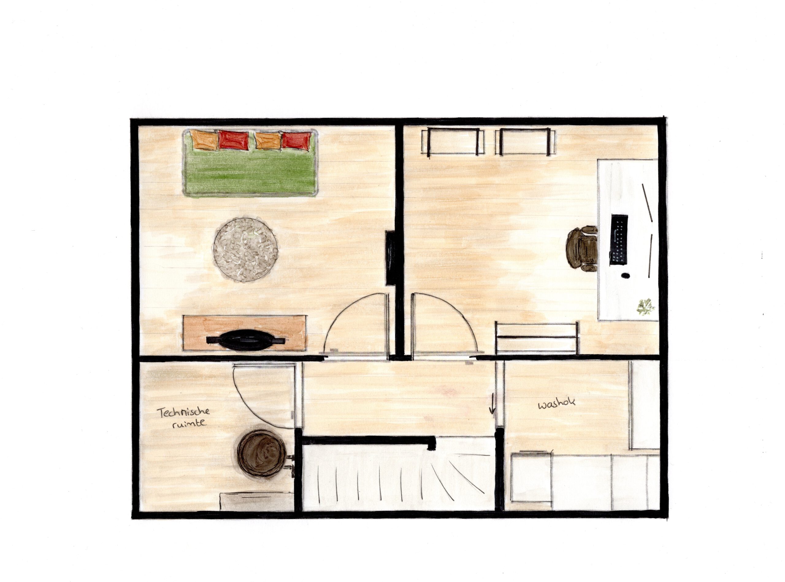 plattegrond zolder Handgetekende plattegrond van zolder tussenwoning. zolder opgedeeld in overloop, technische ruimte, washok, kantoor en speelkamer of logeerkamer