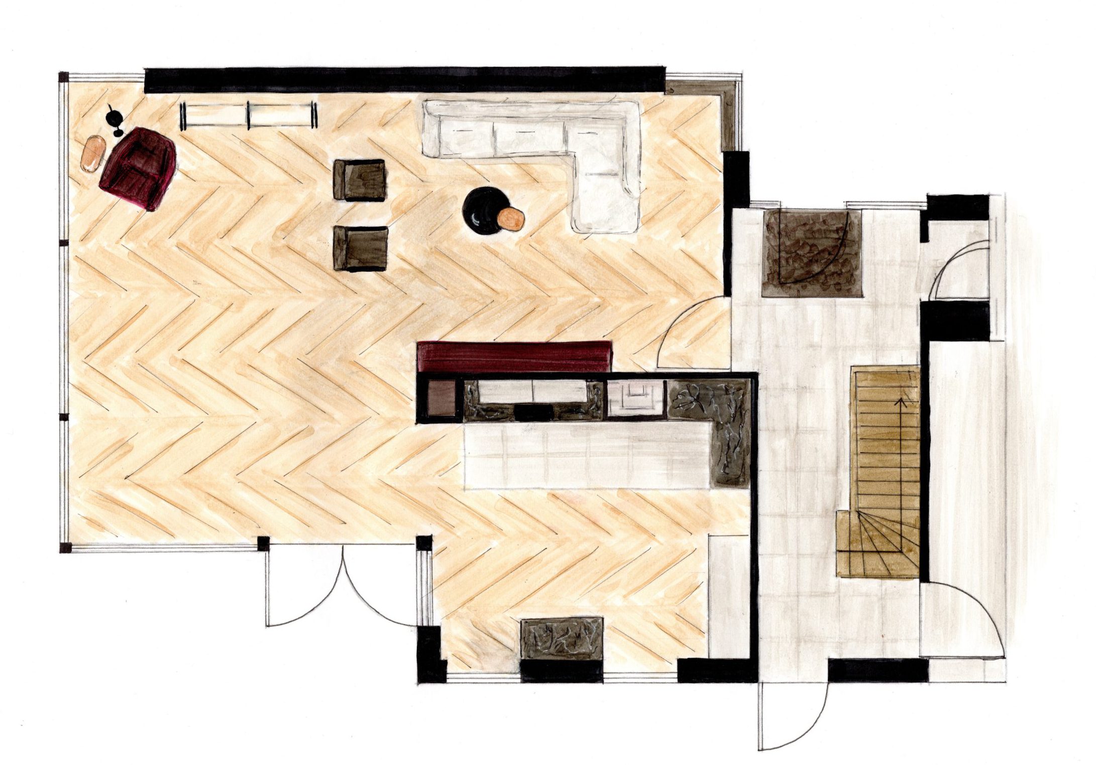 indeling hand bungalow Handgetekende plattegrond. Zithoek, relaxfauteuil, open keuken en hal