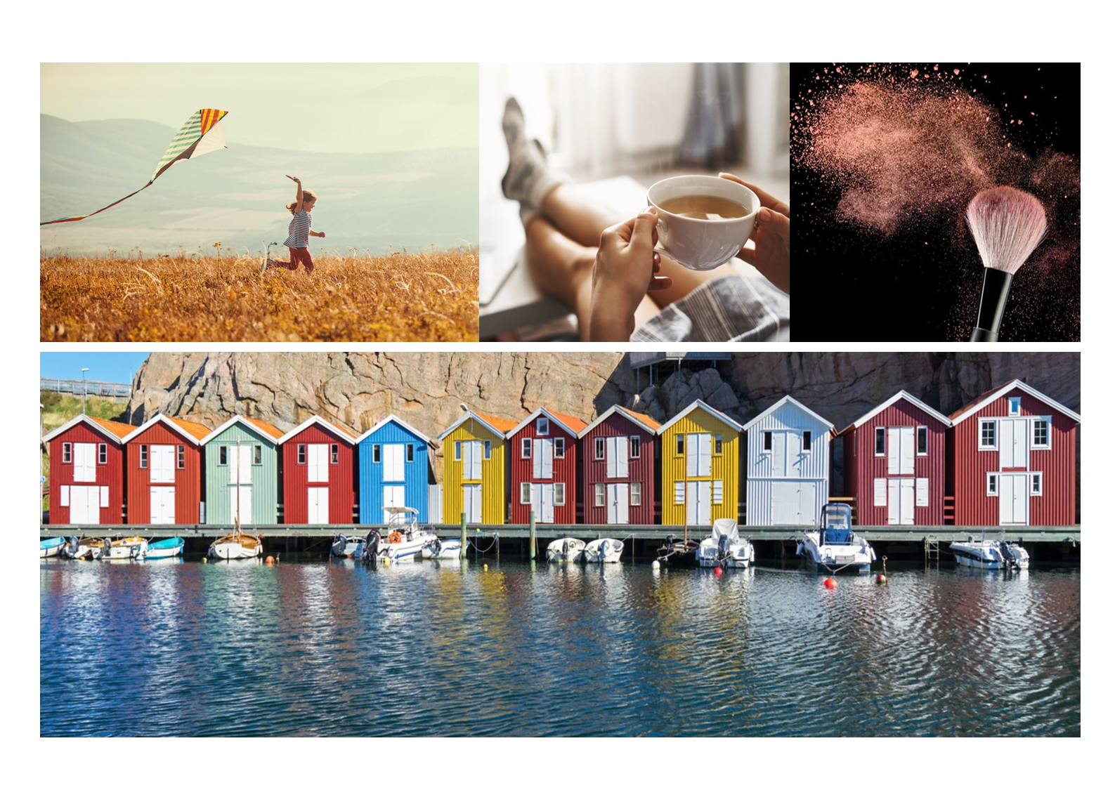 moodboard Moodboard. kind met vlieger, kopje thee, poederkwast roze en gekleurde huisjes aan zweeds meer