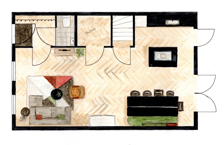 Plattegrond indelingsvoorstel tussenwoning Leeuwarden Handgetekende plattegrond met indelingsvoorstel voor tussenwoning in Leeuwarden. Hal, zithoek en open keuken met kookeiland en grote eettafel.