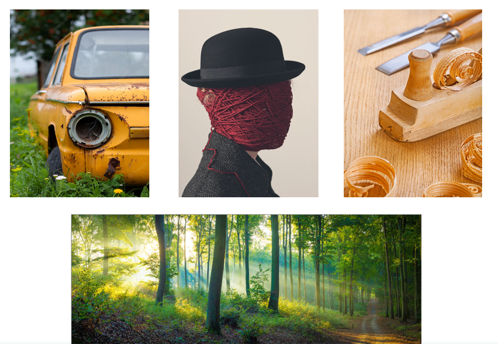 Moodboard tussenwoning Leeuwarden Moodboard bij tussenwoning Leeuwarden. Oude gele auto, silhouet met hoed en bordeauxrood touw, houtschaaf en groen bos