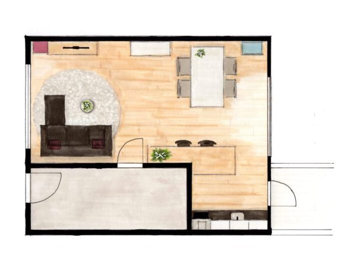 Interieurontwerp D2 Handgemaakte plattegrondtekening met interieurontwerp van een hoekwoning in Drachten. Er is een zikhoek met hoekbank te zien en een open keuken met bar en eettafel.