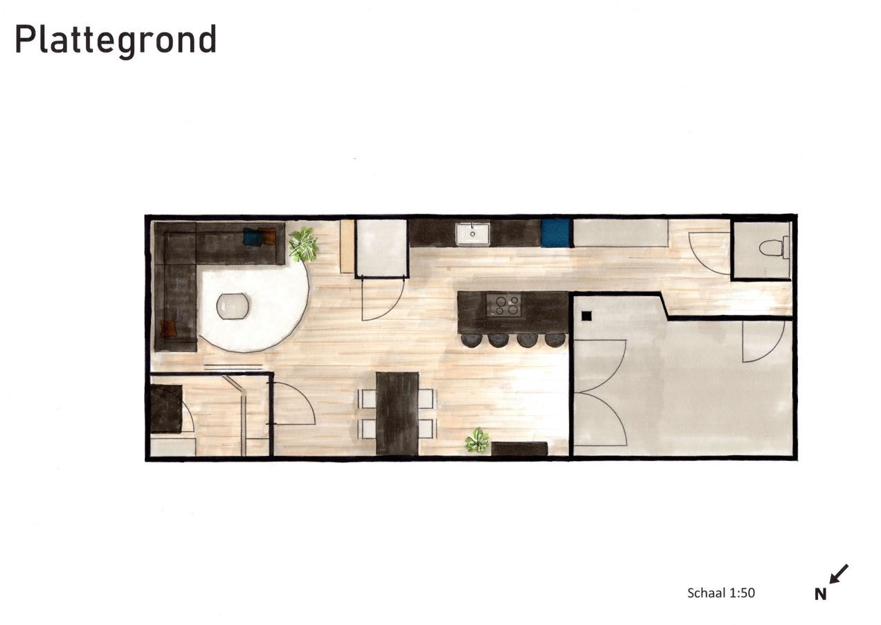 plattegrond handgekleurd Groningen plattegrond met het nieuwe interieuradvies. met de hand ingekleurd. Houten vloer. zithoek verplaatst naar de voorkant van de woning. keuken aan de achterzijde.