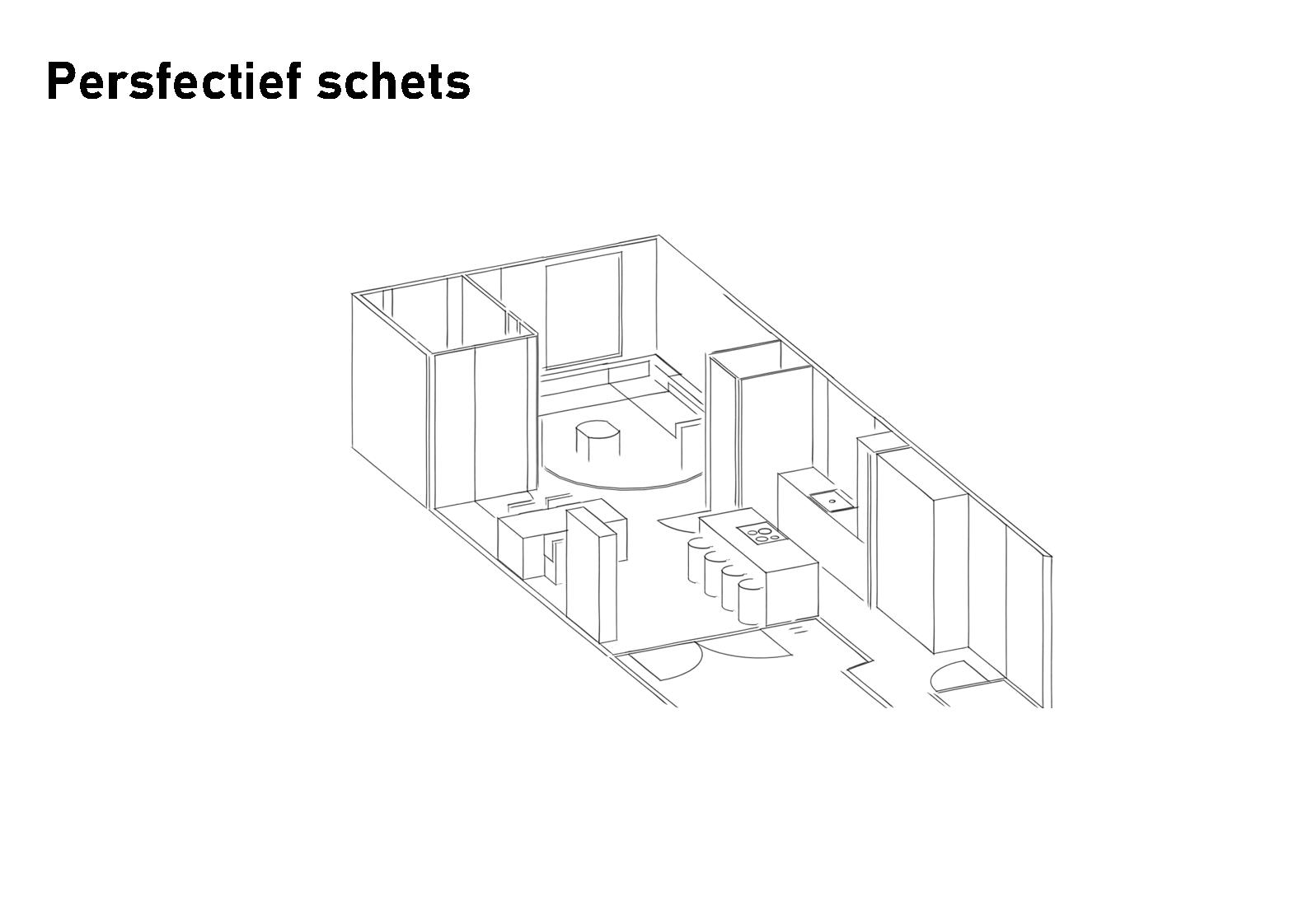 Perspectief schets Perspectief schets nieuwe indeling keuken, eetkamer en woonkamer