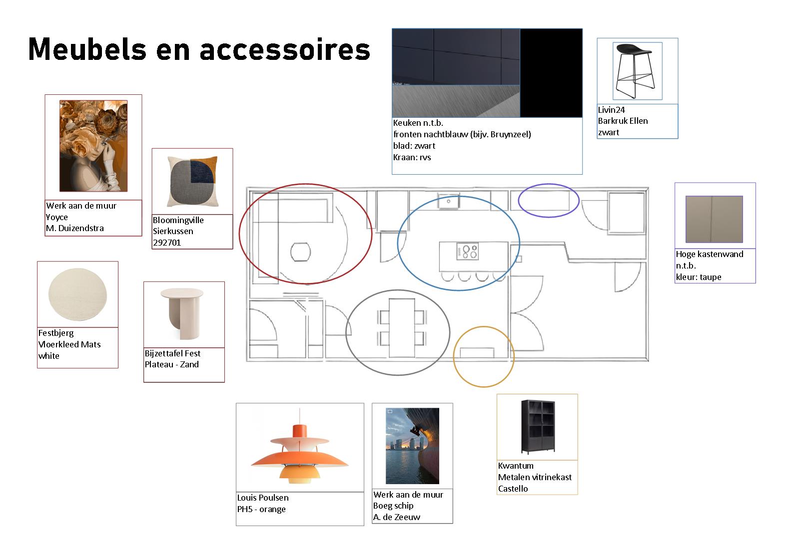 Meubels en accessoires Overzicht meubels en accessoires voor het realiseren van dit interieurontwerp
